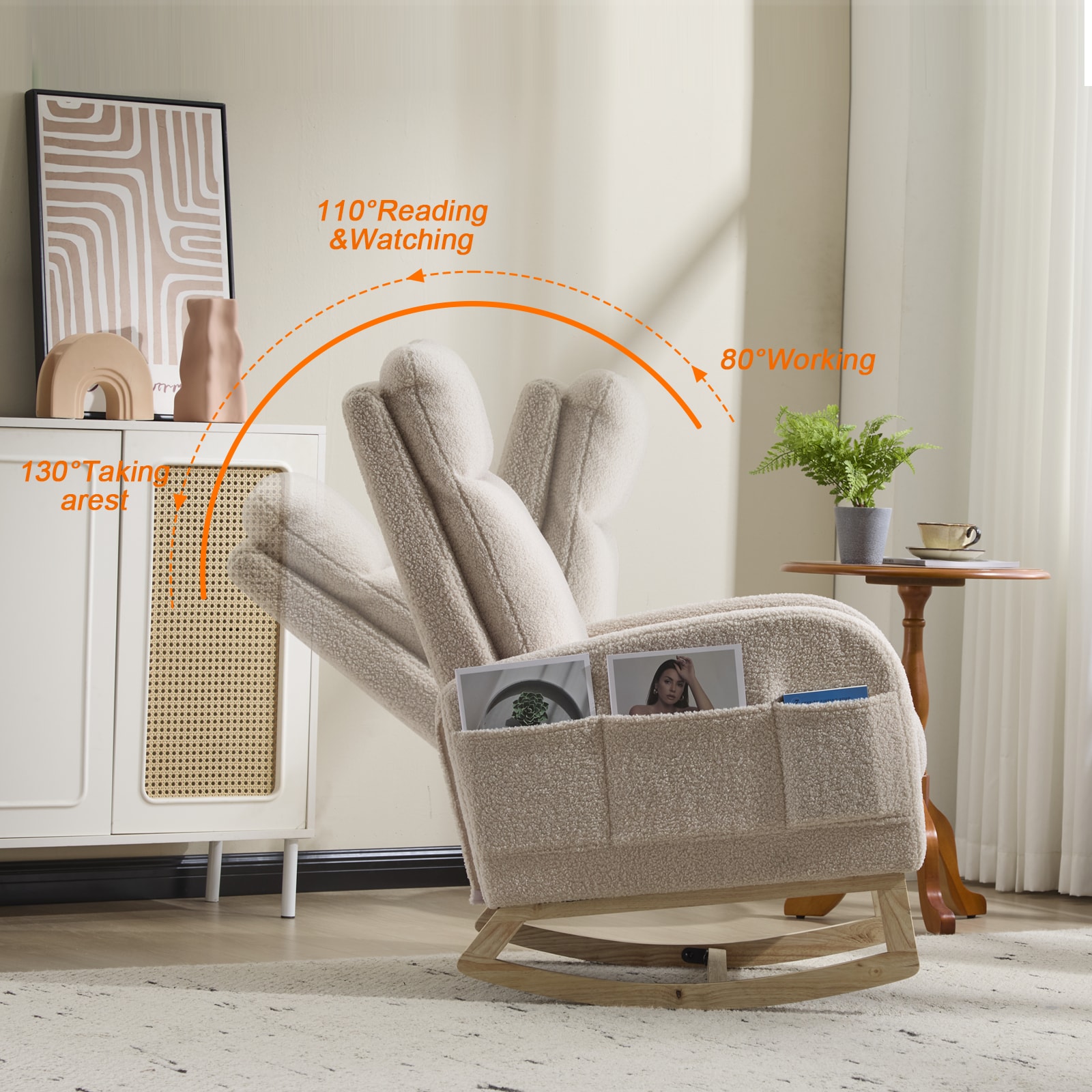 Modern Accent Rocking Chair Rocking Chair With Solid Wood Legs, Upholstered Nursery Glider Rocker, Comfy Armchair With Side Pocket, Living Room Lounge Arm Chair With High Backrest (Beige,teddy)_voghion.com